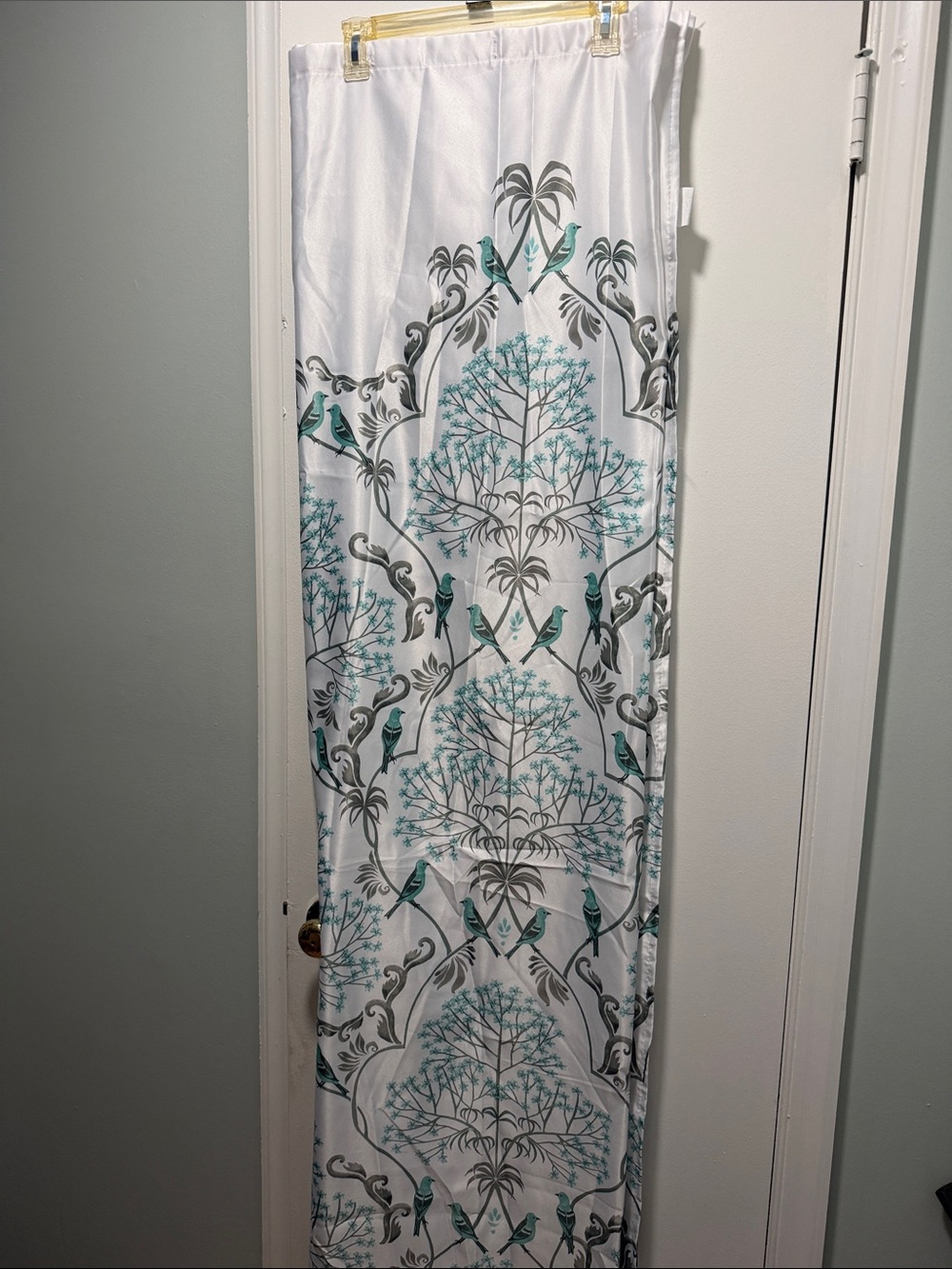 White Shower Curtain with Teal Bird & Gray Botanical Print